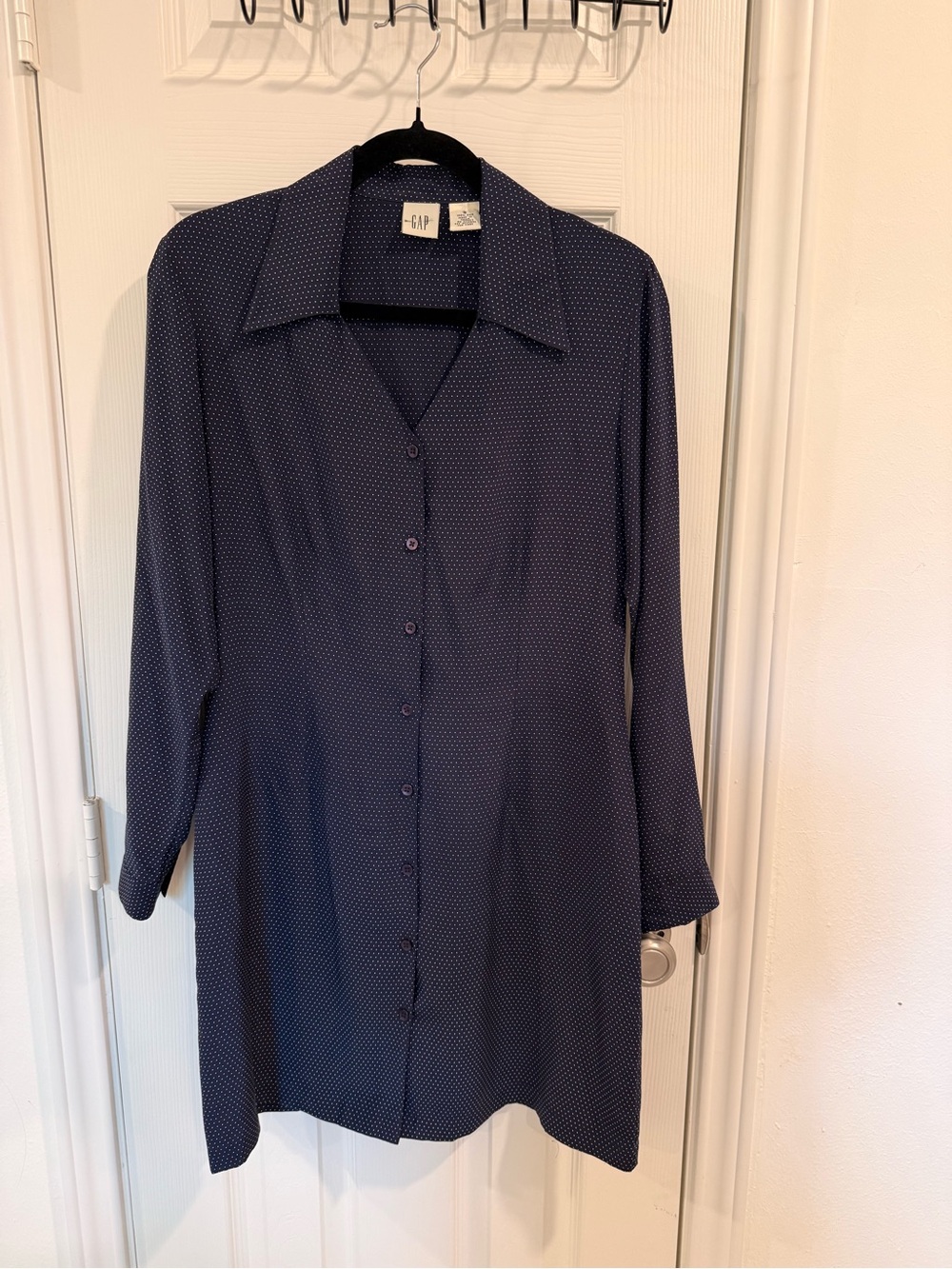 GAP 100% Silk Navy Polka Dot Button-Up Shirt Dress, Size 6